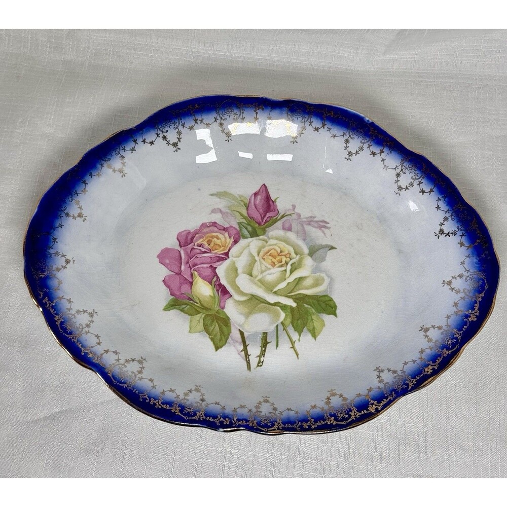 Antique Oval Serving Dish H.R. Wyllie China Co. Blue Gold Scalloped Edge 11.5 In